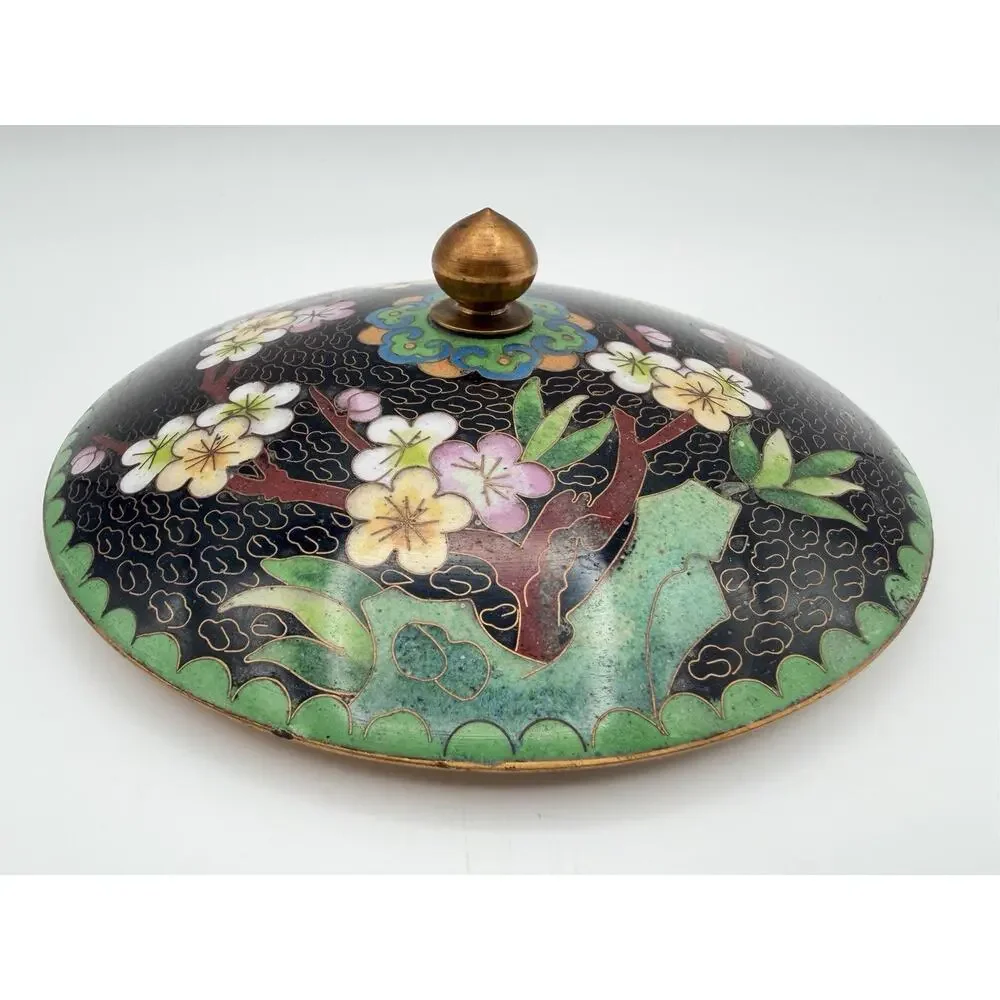 Chinese Cloisonné Lidded Bowl Hand Painted Enamel Flowers & Butterflies Vintage
